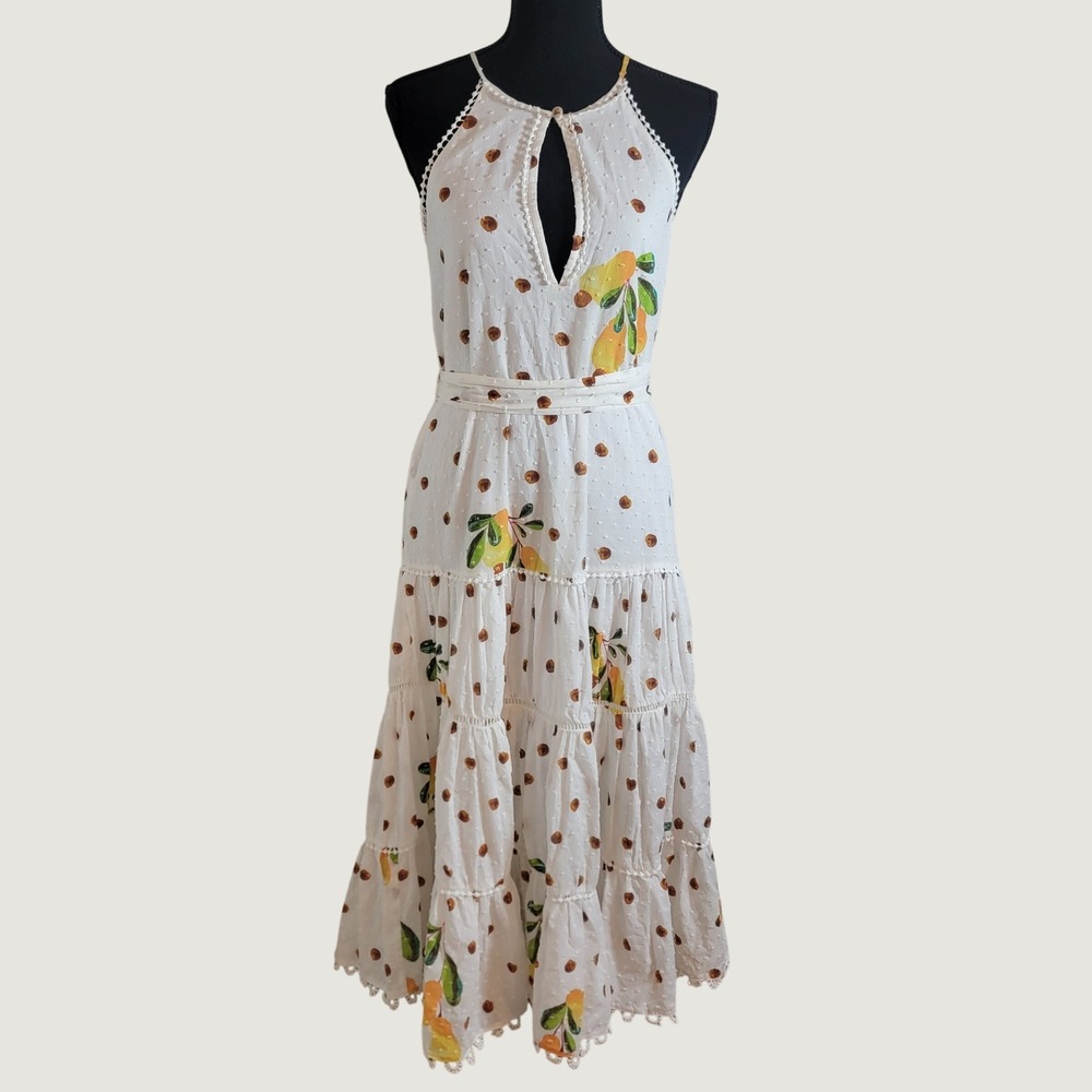 Farm Rio Women XS White Lemon Polka Dot Tiered Halter Maxi Dress Vacation Picnic - Picture 3 of 16